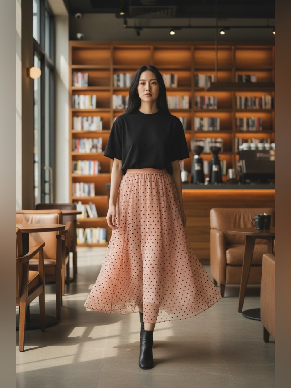 Blush Pink Polka Dot Midi Skirt, Size XS